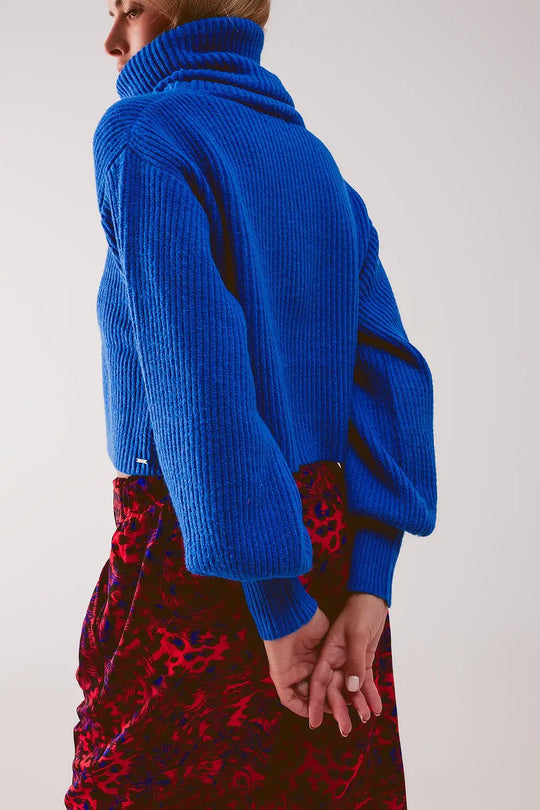 Blue ribbed knit turtleneck jumper with balloon sleeves - Sweaters