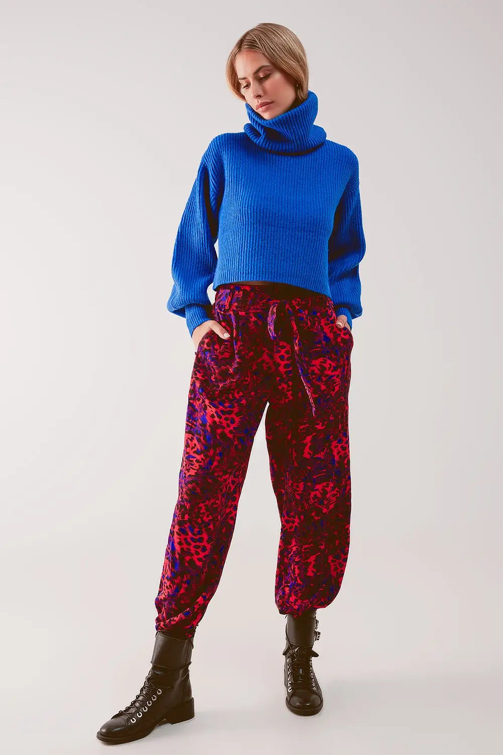 Blue ribbed knit turtleneck jumper with balloon sleeves - Sweaters