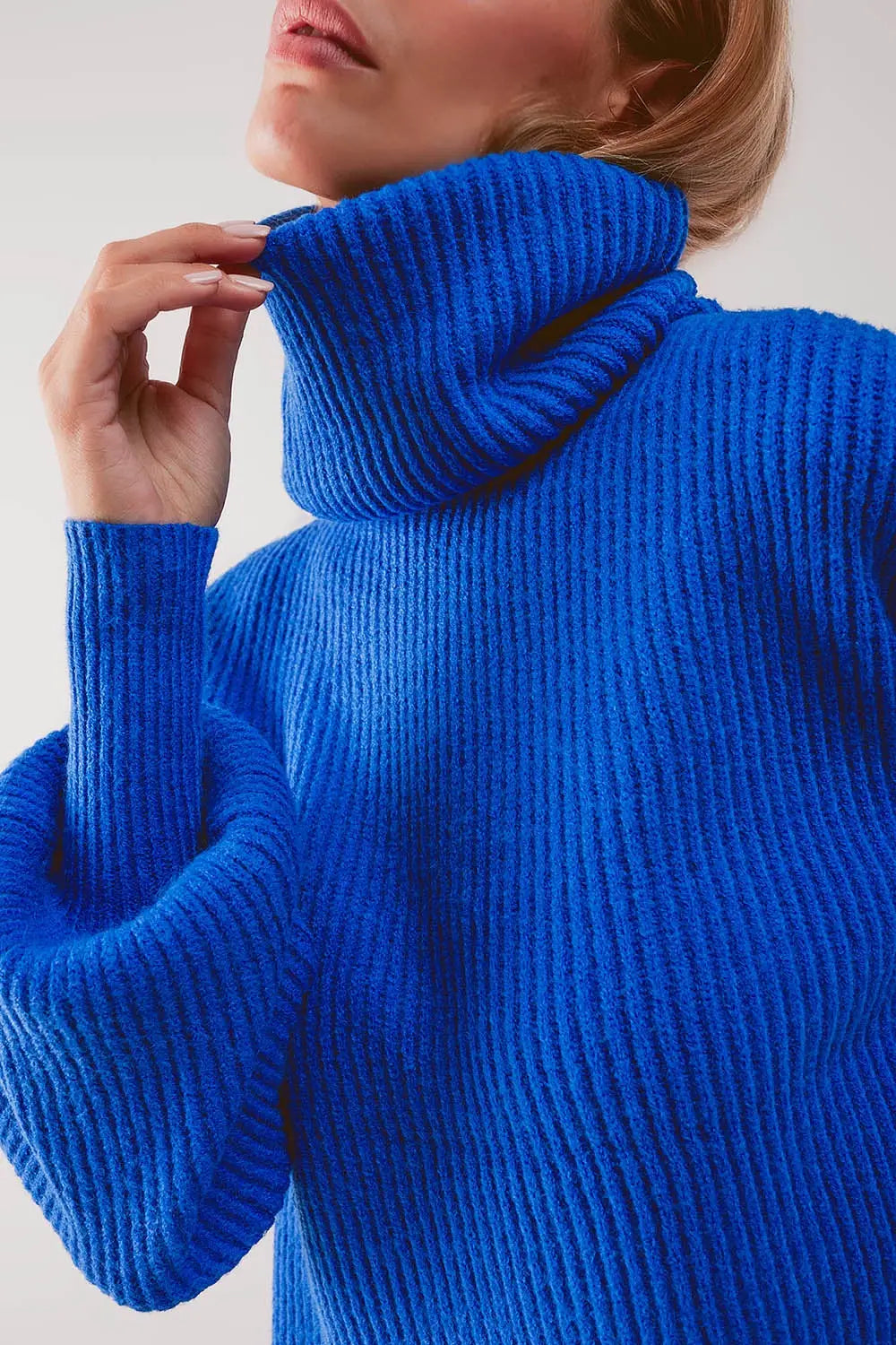 Blue ribbed knit turtleneck jumper with balloon sleeves - Sweaters