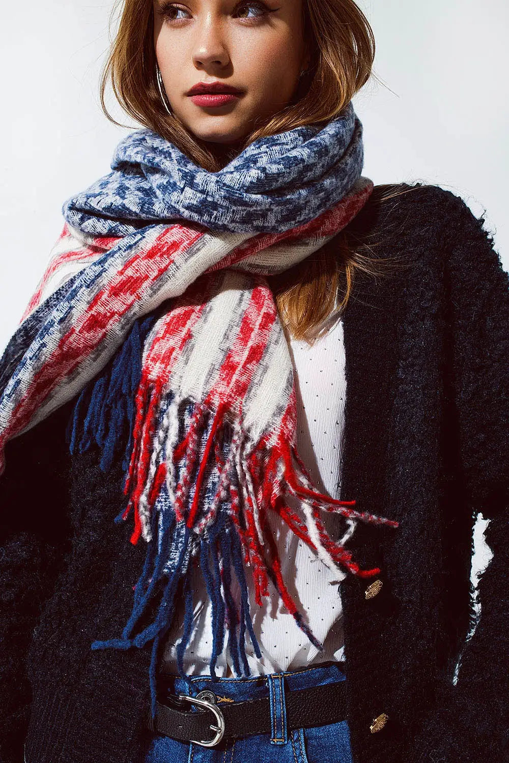 Houndstooth style americana Scarf in White Red and Blue - BLUE / ONE - Scarves