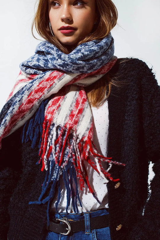 Houndstooth style americana Scarf in White Red and Blue - BLUE / ONE - Scarves