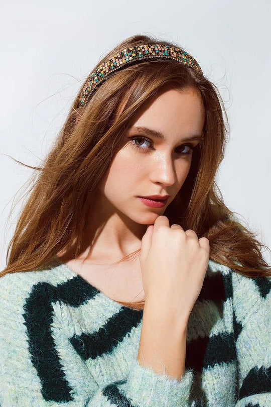 Velvet headband with rhinestone embellishments - BLACK
