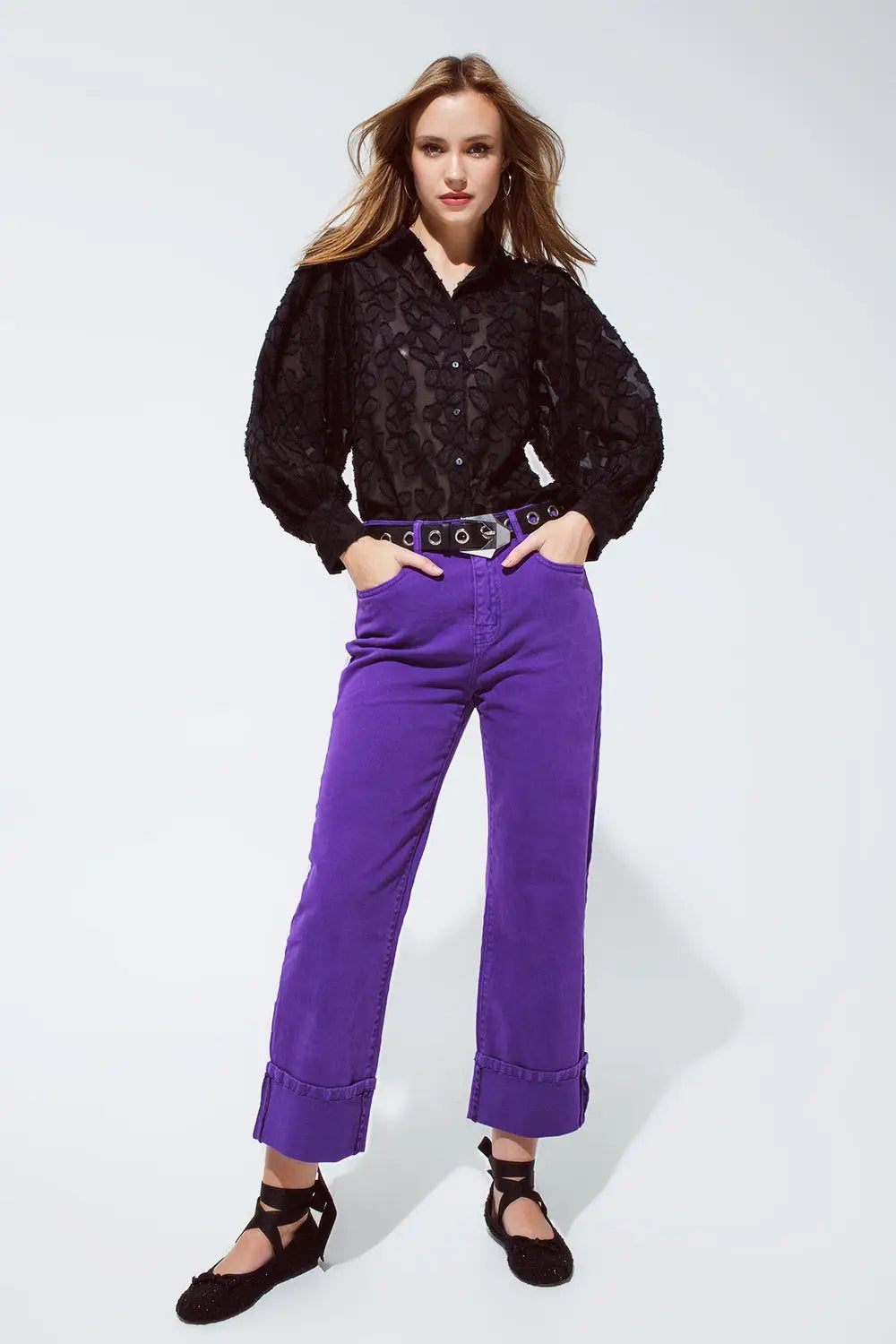Straight Leg Jeans with Cropped Hem in purple - Colored Jeans