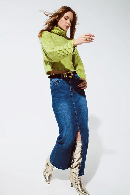 Cropped Chunky Knit Sweater With Turtle Neck in Green - Sweaters