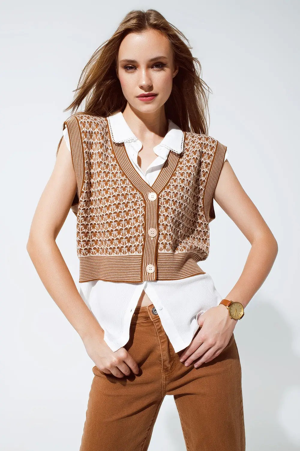 Knitted Cropped Vest With Rib Trim in Brown - BROWN / ONE - Sweaters