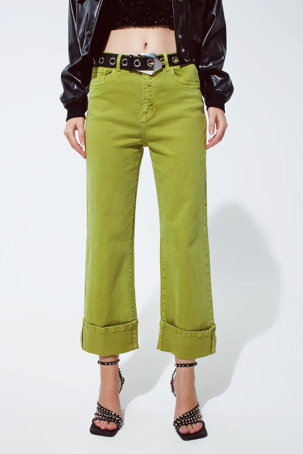 Straight Leg Jeans with Cropped Hem in olive green - Colored Jeans