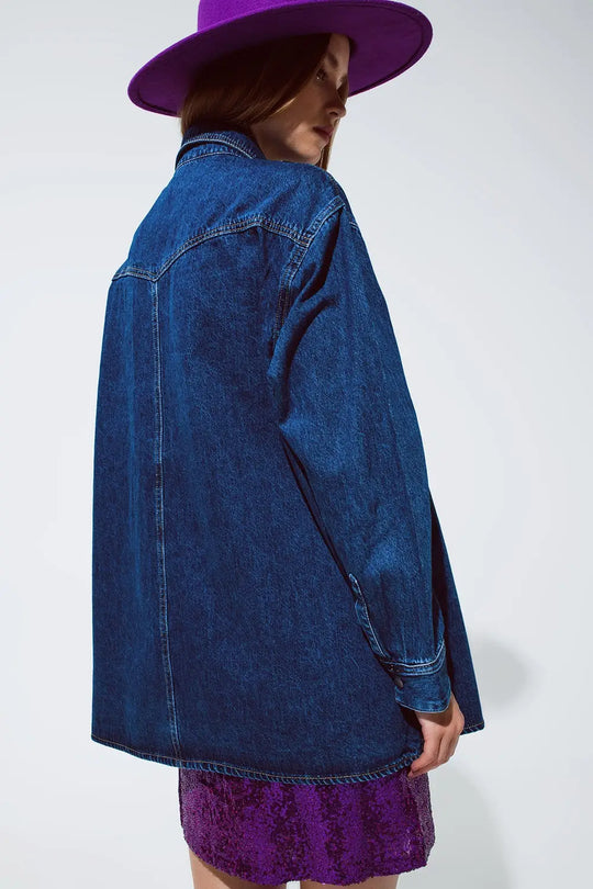 Denim Oversized Cargo Shirt Jacket with pockets - BLUE / ONE - Jackets Shirts