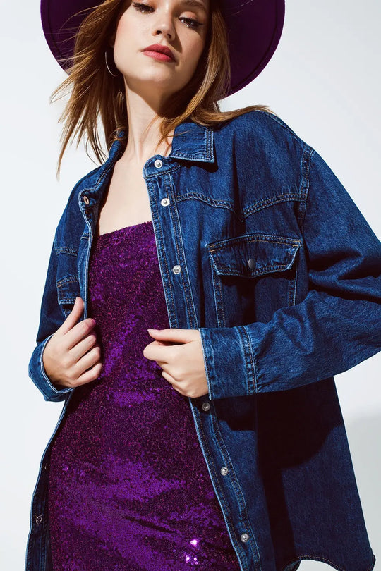 Denim Oversized Cargo Shirt Jacket with pockets - BLUE / ONE - Jackets Shirts