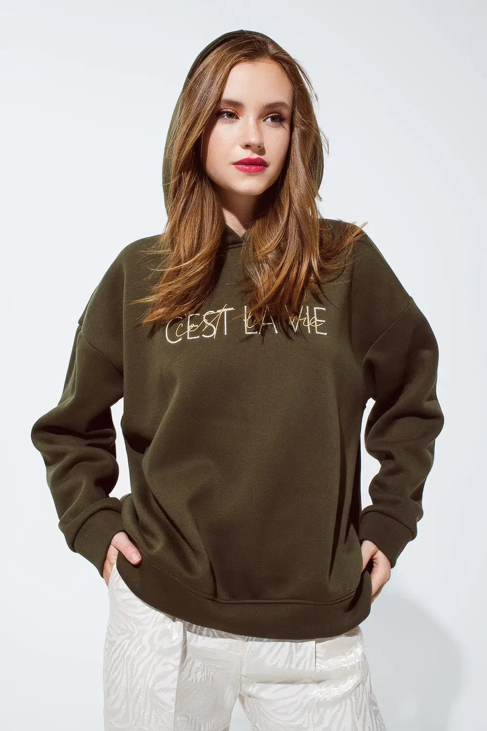 Khaki color hoodie with embroidered Cest La Vie text - KHAKI / ONE - Sweaters