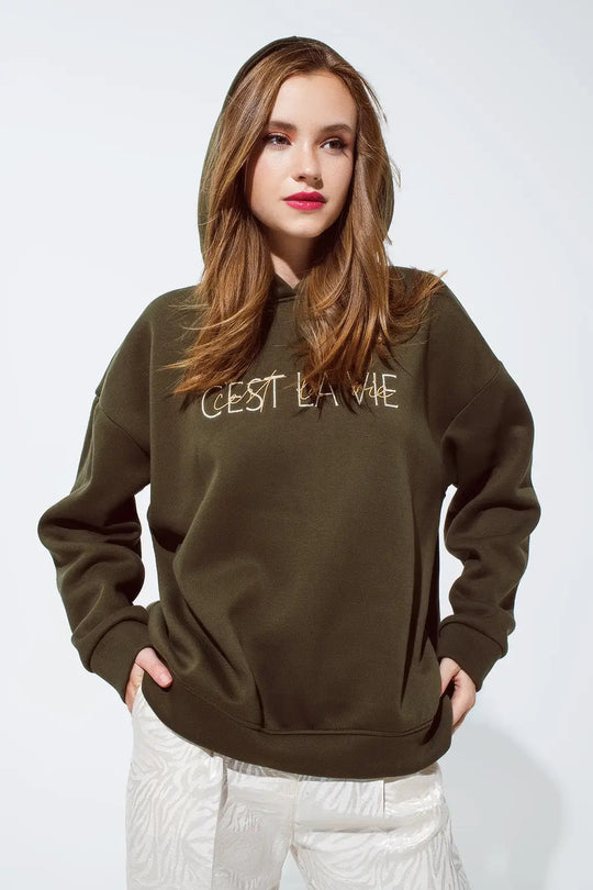 Khaki color hoodie with embroidered Cest La Vie text - KHAKI / ONE - Sweaters