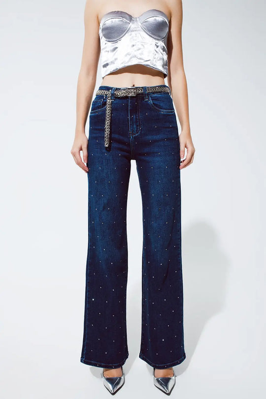 Straight Leg Jeans with strass detail in Blue