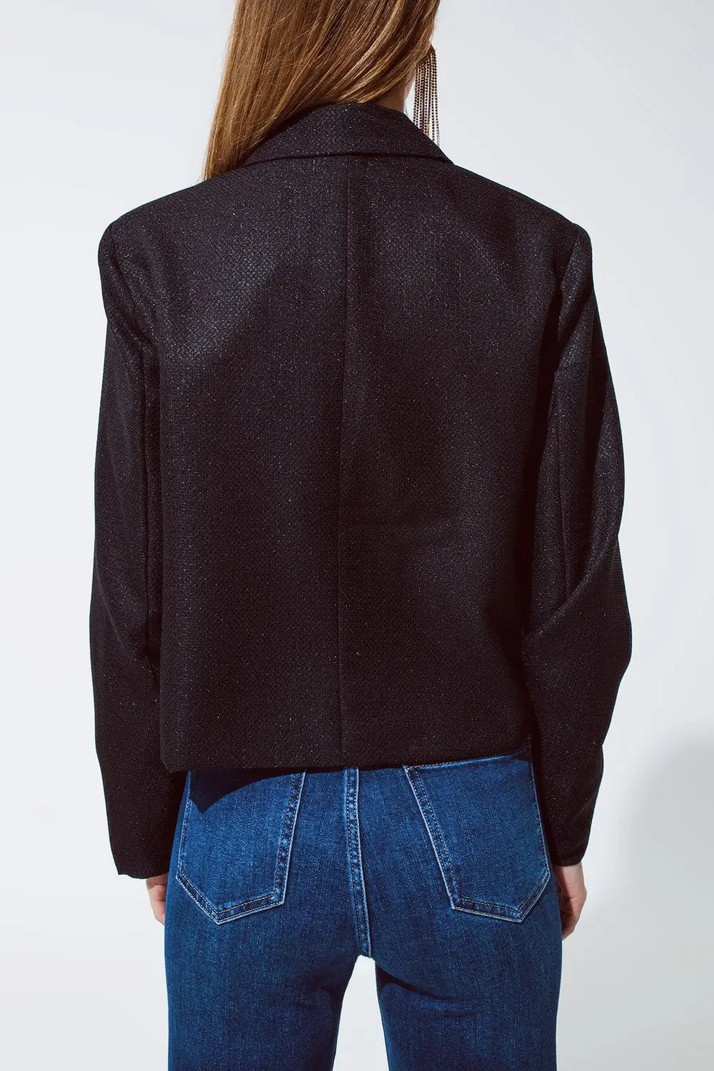 Oversized Cropped Blazer Vichy Design And Metallic Details In Black - Jackets