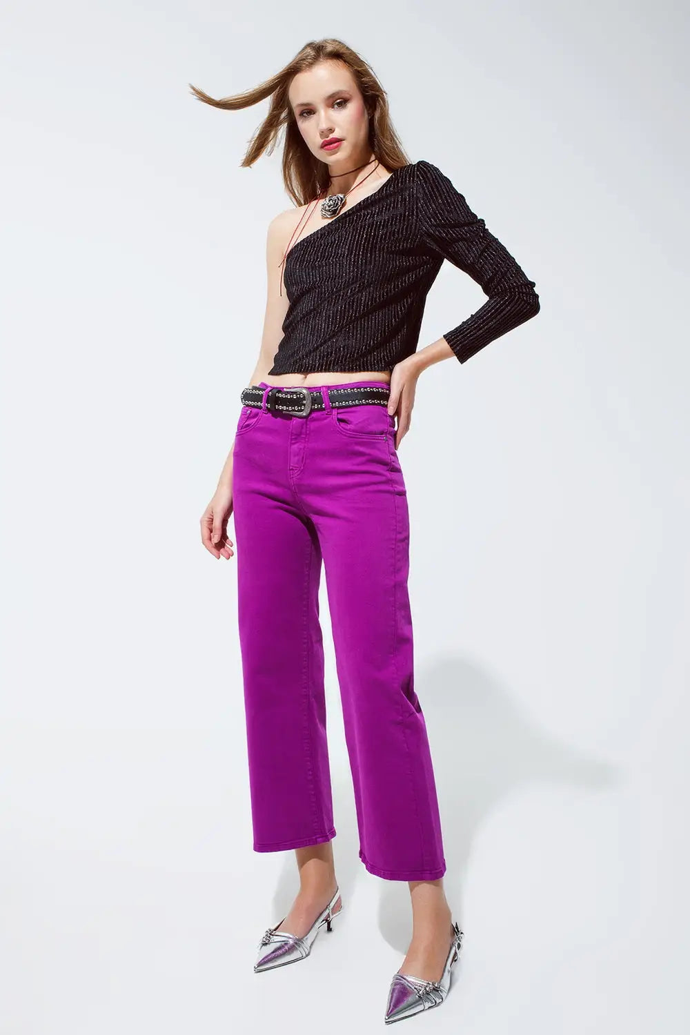 One Sleeve Glitter Party Top in Black - Tops