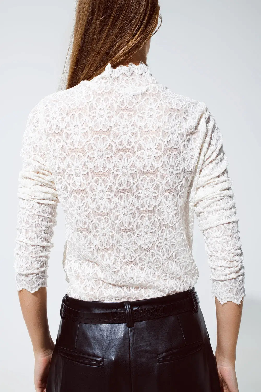High Neck Top With Embroided Flowers And Scallop Details in White - Tops