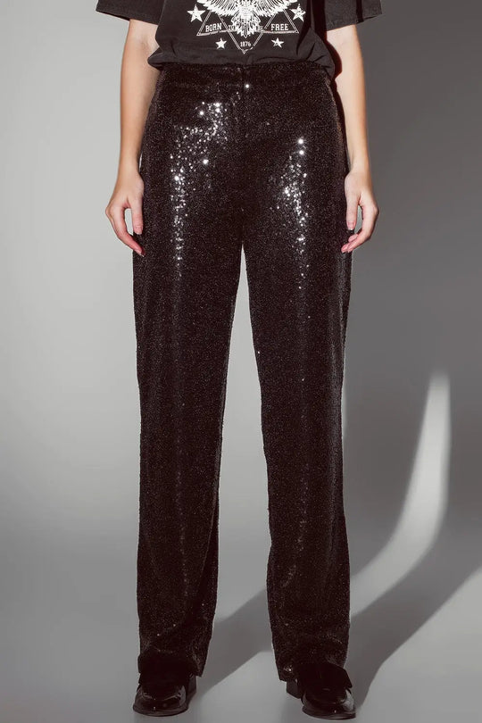 Straight Leg Sequin Pants in Black - Pants