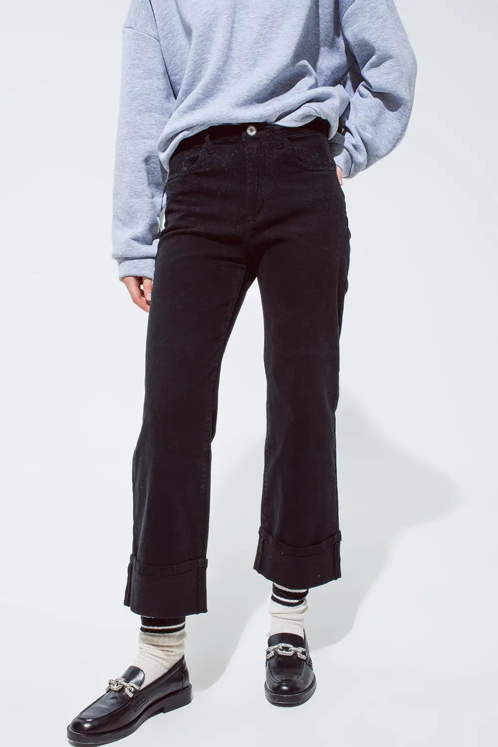 Straight leg jeans in black with folded trouser legs - Colored Jeans