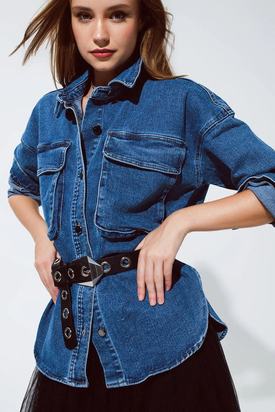 oversized denim jacket with cargo pockets - BLUE / ONE - Jackets