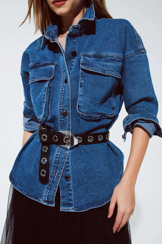 oversized denim jacket with cargo pockets - BLUE / ONE - Jackets