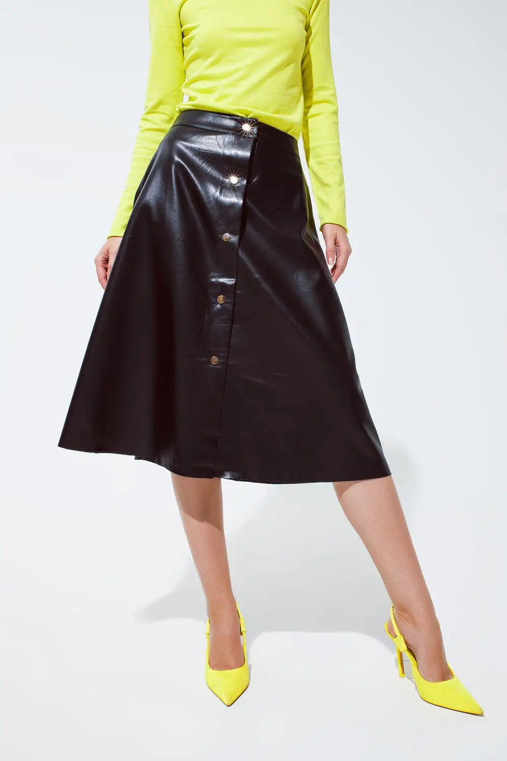 Black Leatherette buttoned Midi skirt - Skirts