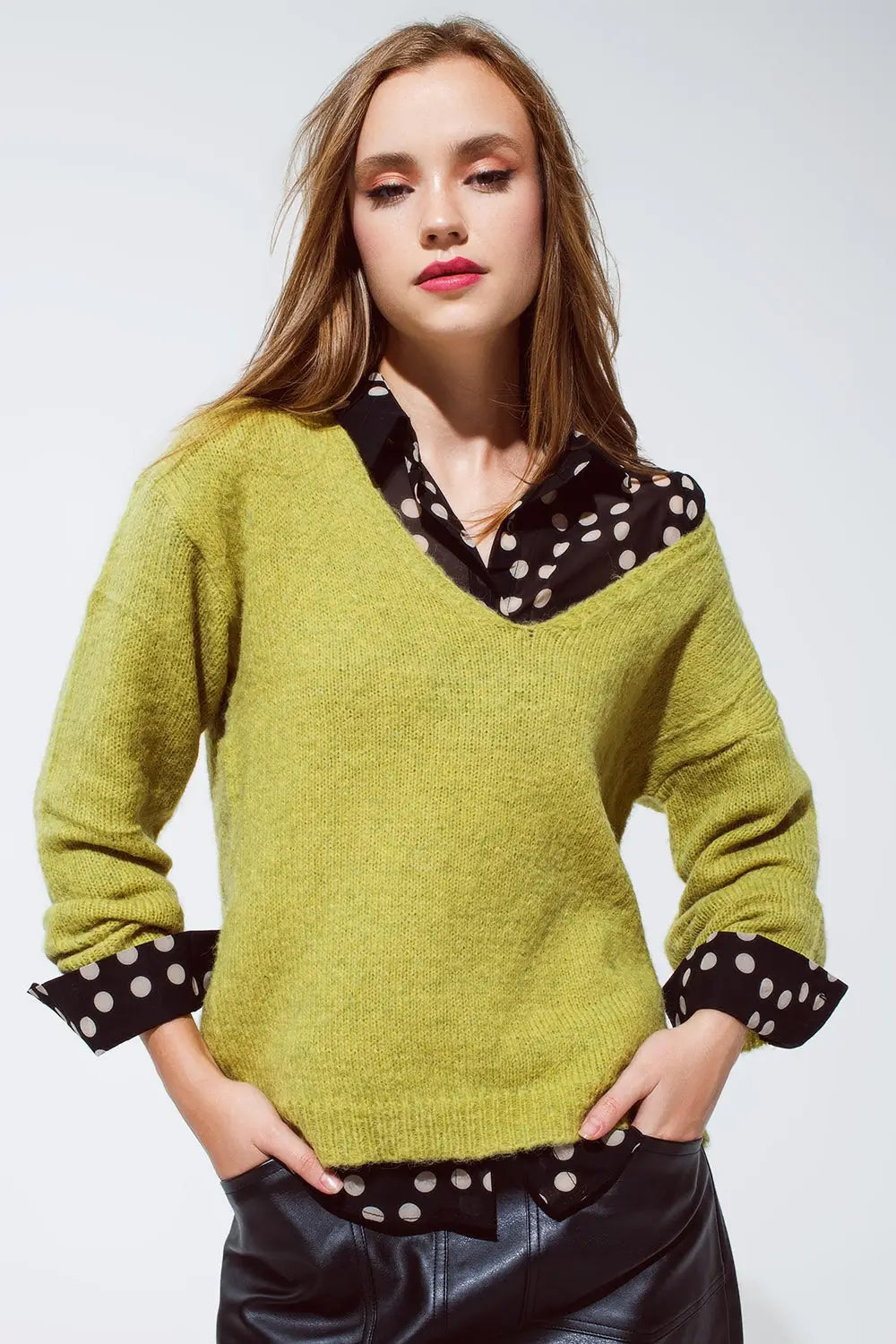 Soft green jumper with V Neck - GREEN / ONE - Sweaters