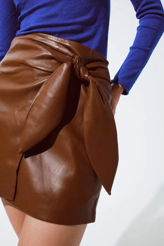 Brown faux leather mini skirt with bow on the side - Skirts