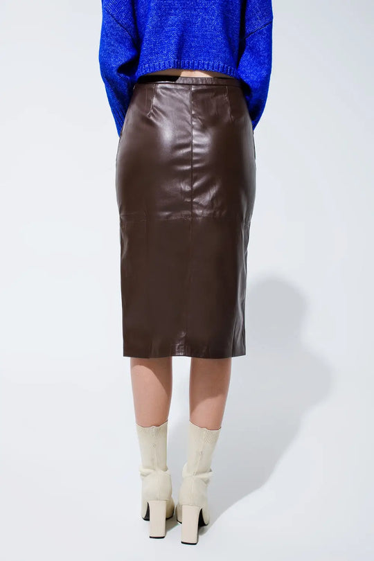 Brown leatherette pencil cut skirt - Skirts