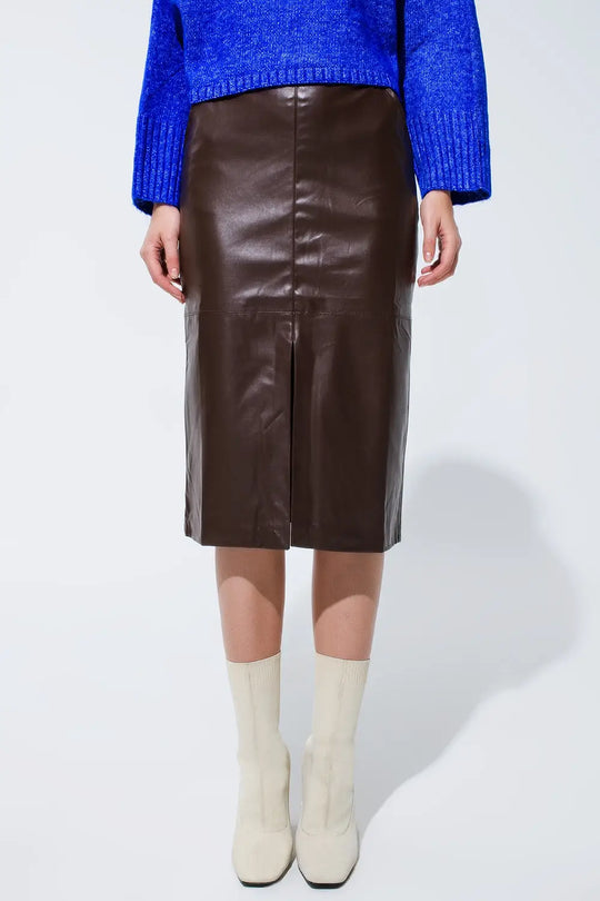Brown leatherette pencil cut skirt - Skirts