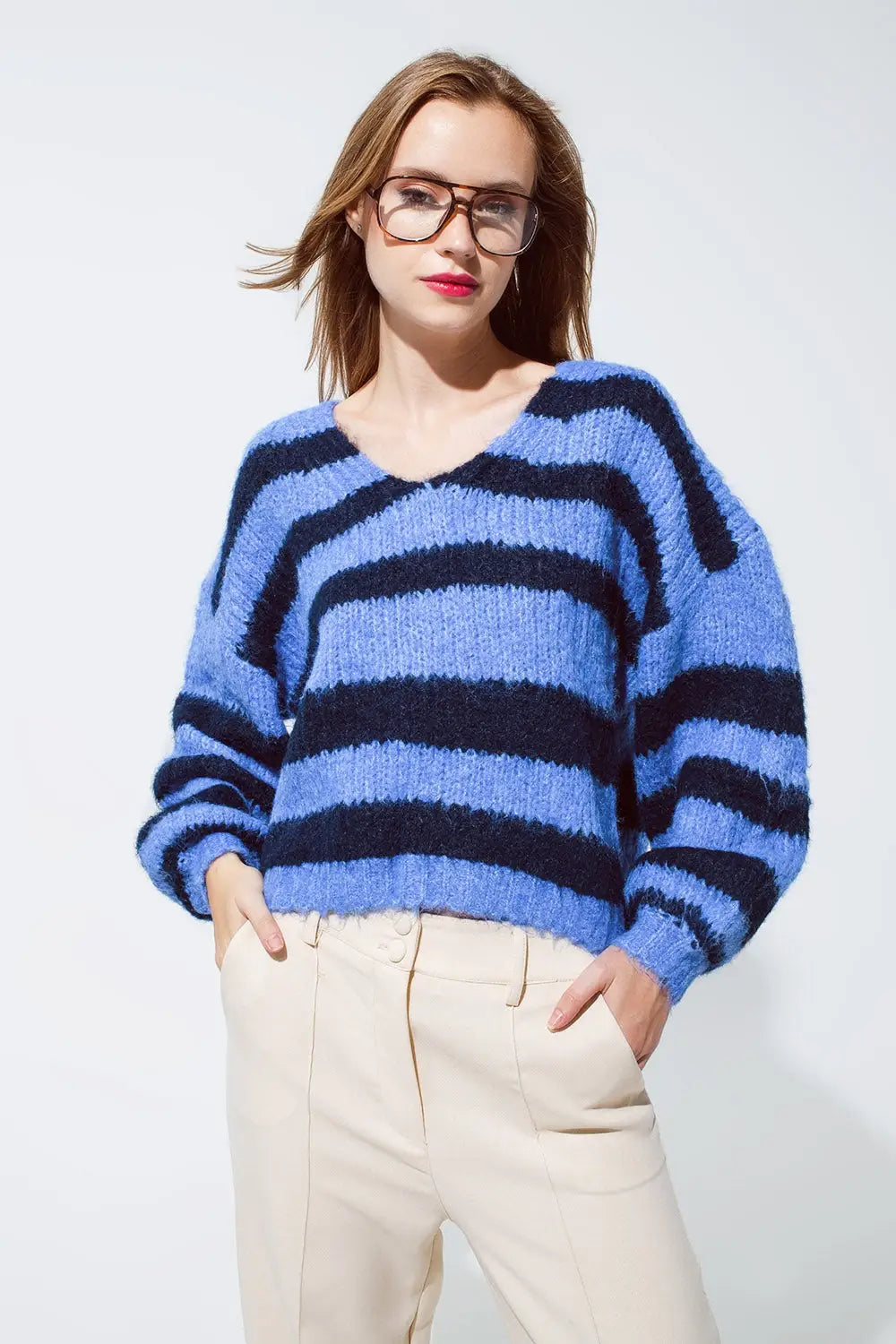 Oversized Blue Stripy Fluffy Sweater With Balloon Sleeves - BLUE / ONE - Sweaters