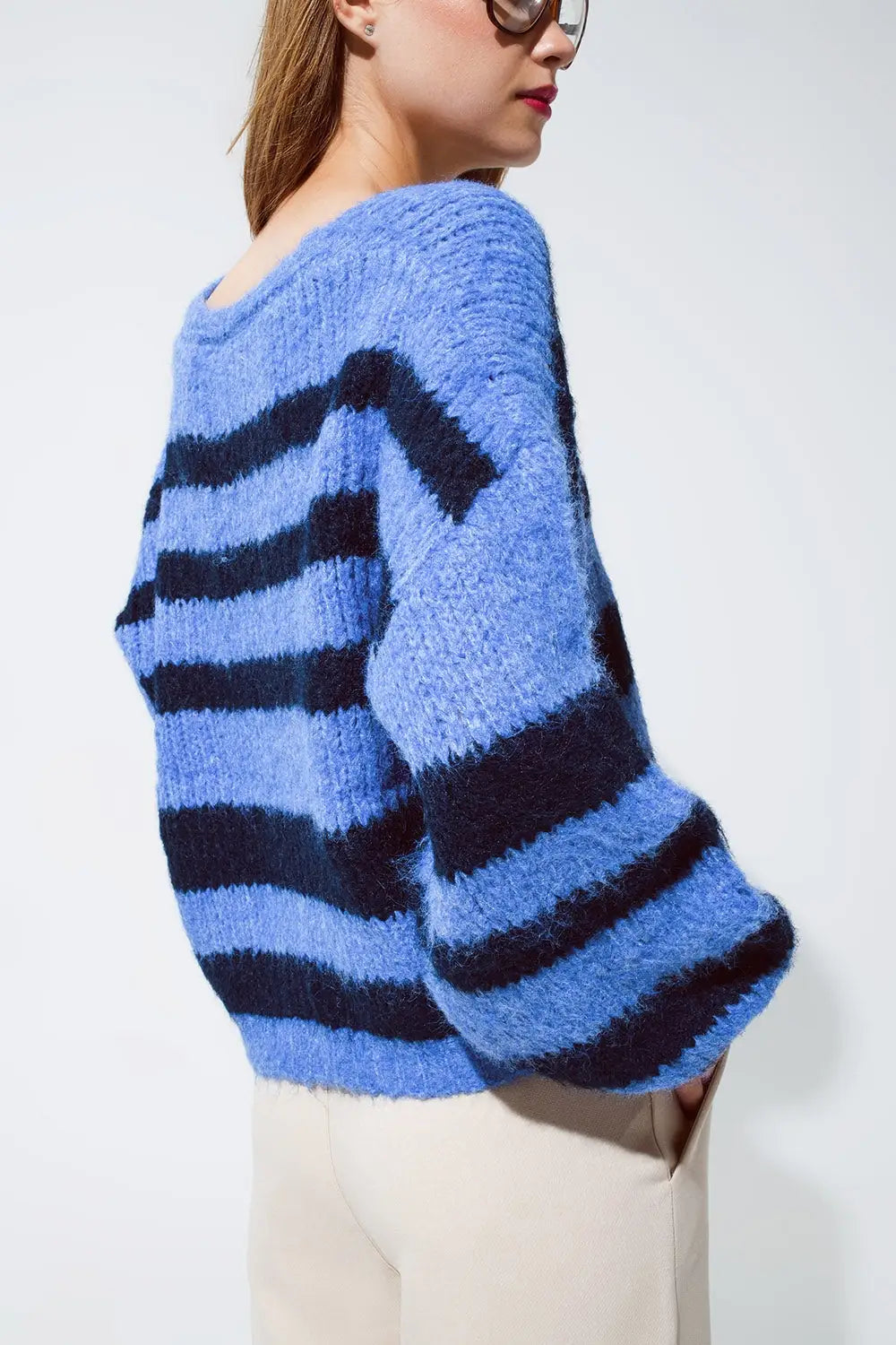 Oversized Blue Stripy Fluffy Sweater With Balloon Sleeves - BLUE / ONE - Sweaters