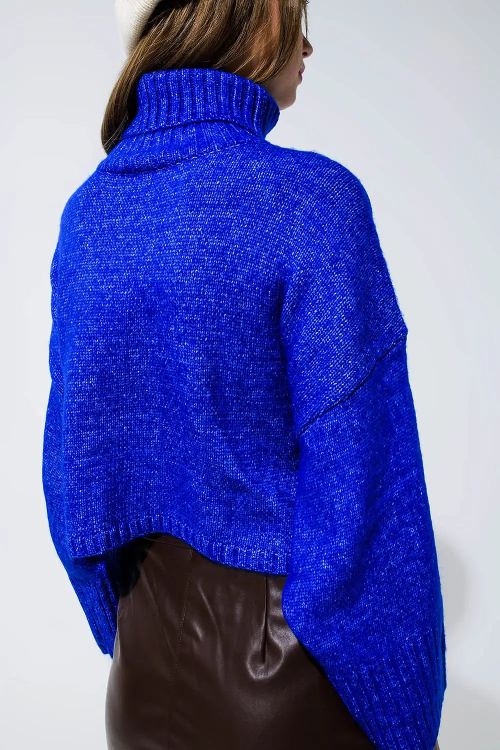 Cropped Chunky Knit Sweater With Turtle Neck in Blue - Sweaters