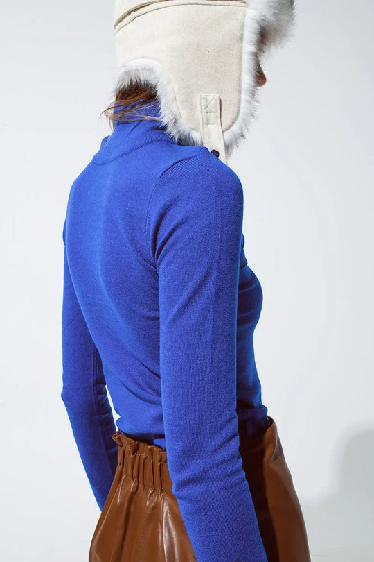 Basic blue fine knit bodycon sweater - Sweaters
