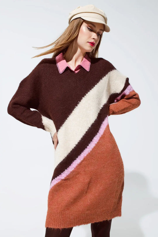 Brown striped oversized chunky knit dress with crew neck - BROWN / ONE - Dresses