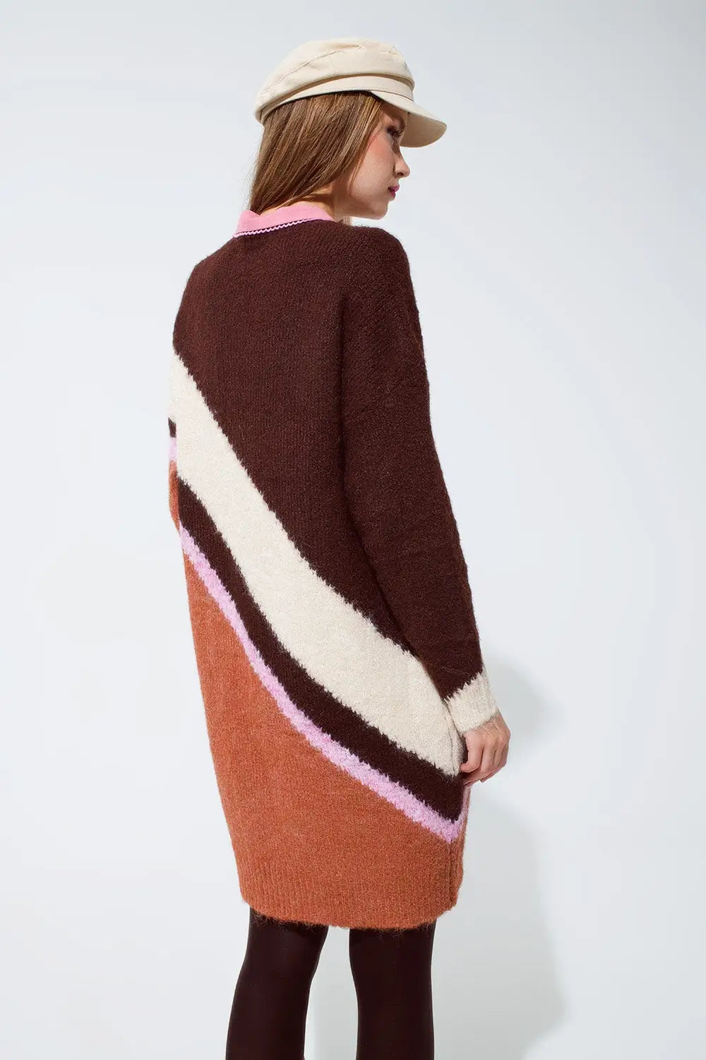 Brown striped oversized chunky knit dress with crew neck - BROWN / ONE - Dresses