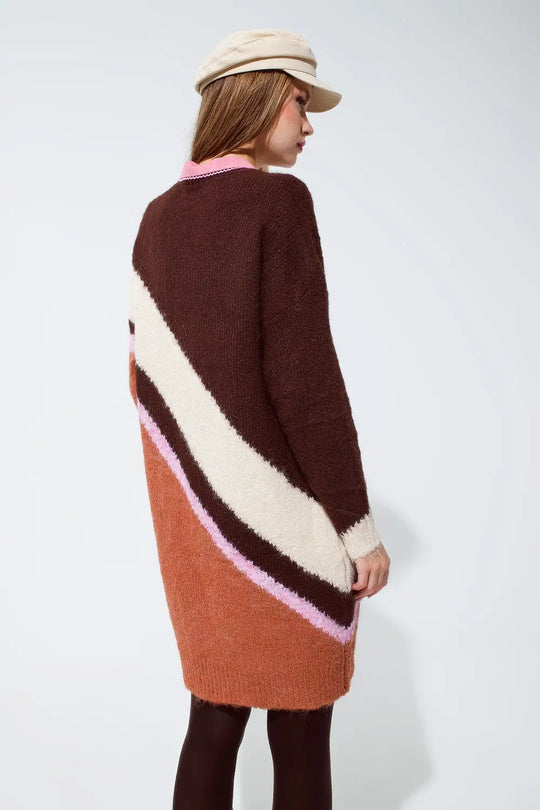 Brown striped oversized chunky knit dress with crew neck - BROWN / ONE - Dresses