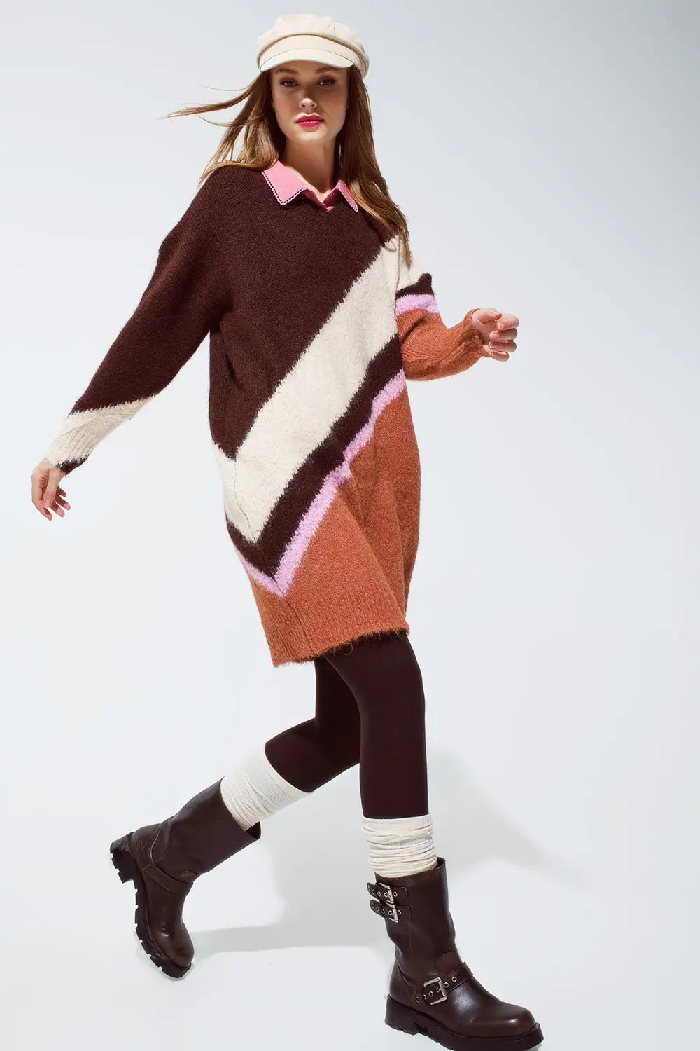 Brown striped oversized chunky knit dress with crew neck - BROWN / ONE - Dresses