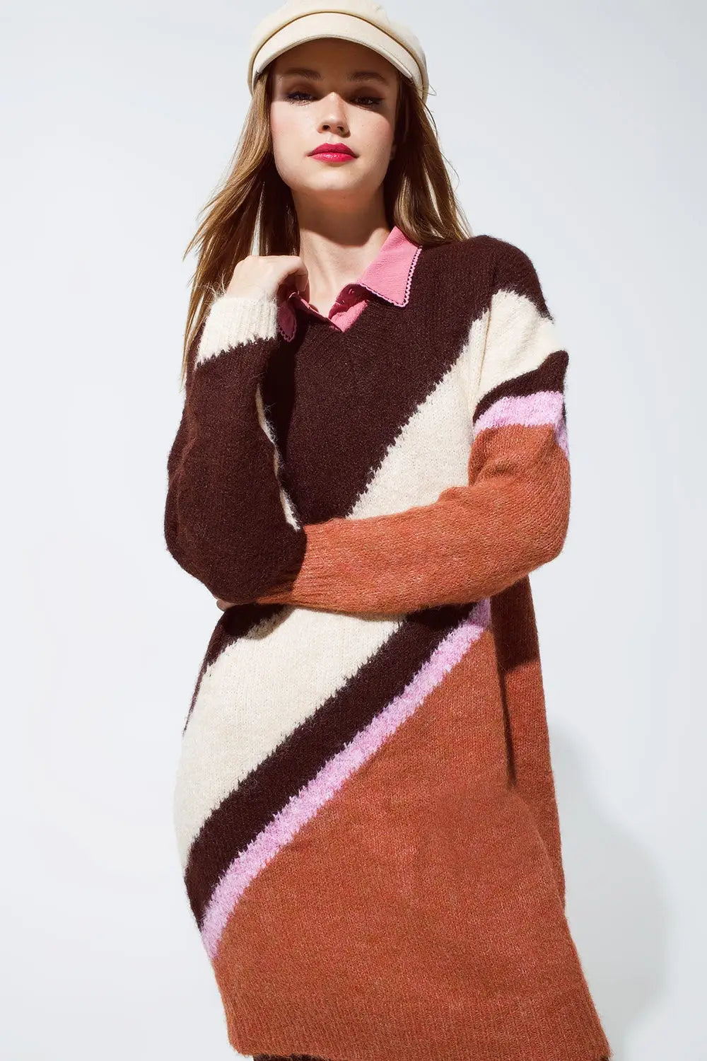 Brown striped oversized chunky knit dress with crew neck - BROWN / ONE - Dresses