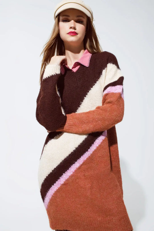 Brown striped oversized chunky knit dress with crew neck - BROWN / ONE - Dresses