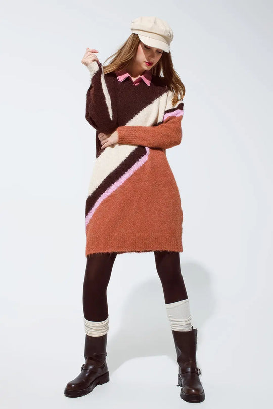 Brown striped oversized chunky knit dress with crew neck - BROWN / ONE - Dresses