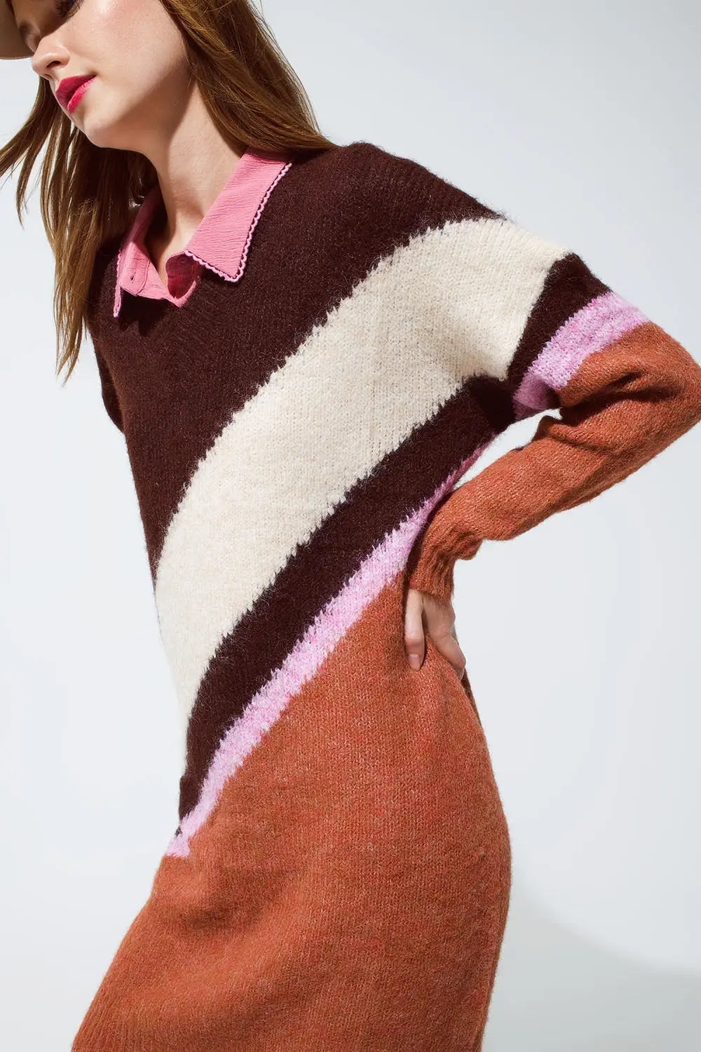 Brown striped oversized chunky knit dress with crew neck - BROWN / ONE - Dresses