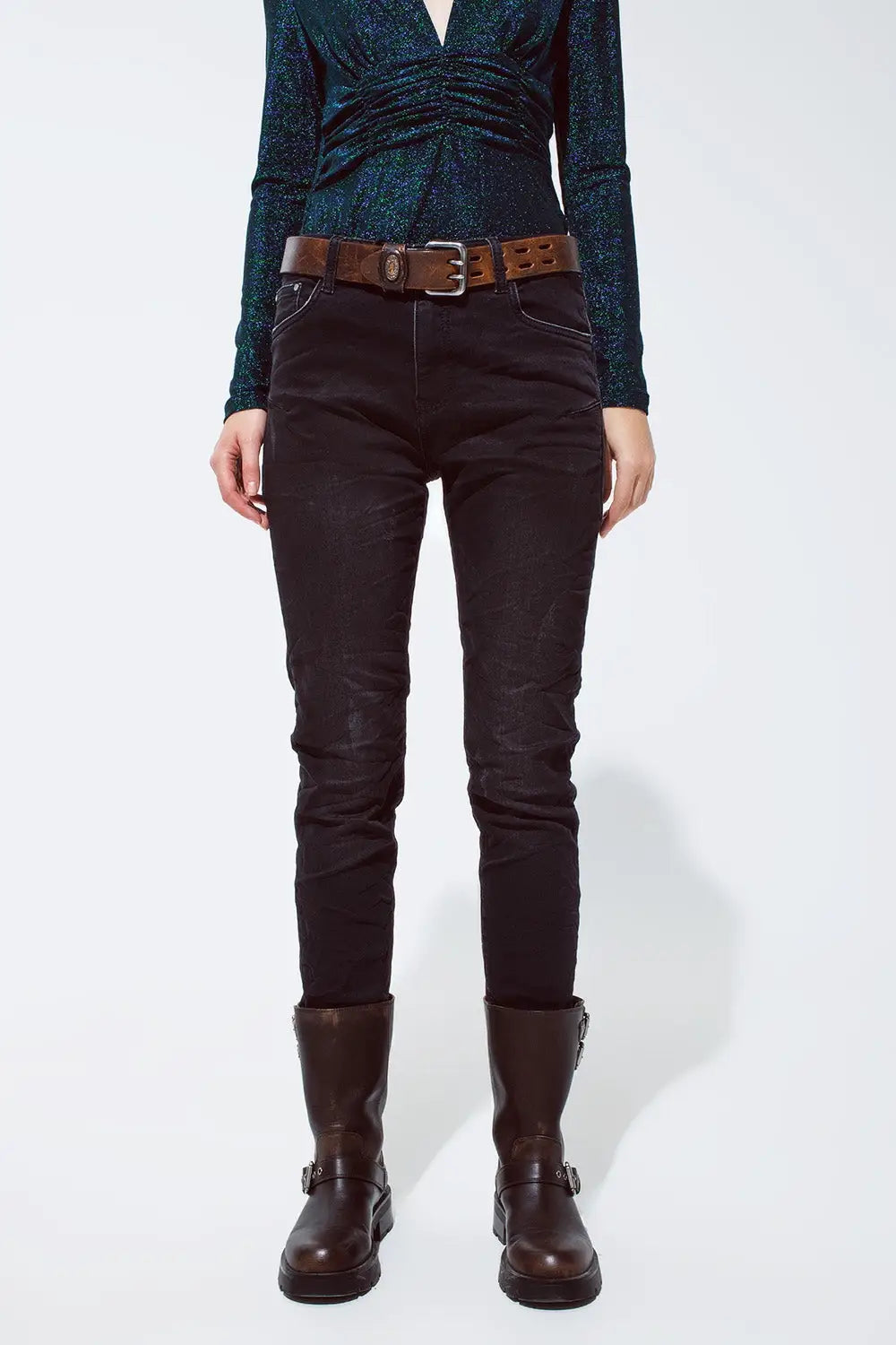 black jeans with elastic waist and cord - Colored Jeans