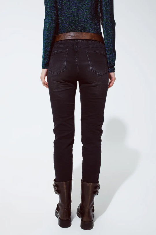 black jeans with elastic waist and cord - Colored Jeans