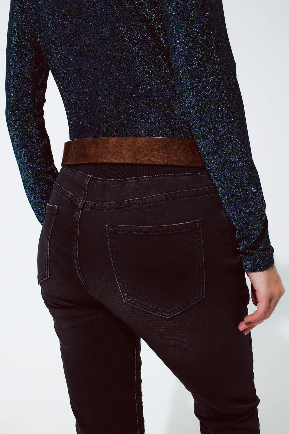 black jeans with elastic waist and cord - Colored Jeans