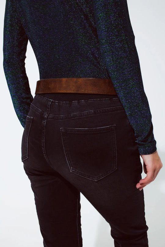 black jeans with elastic waist and cord - Colored Jeans