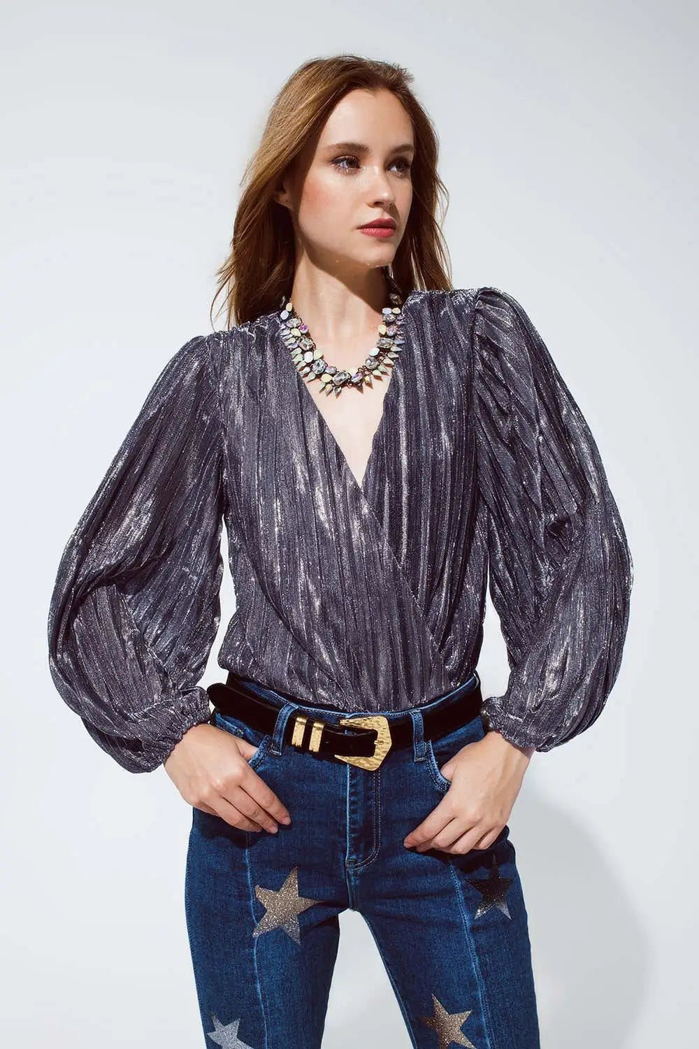 Shiny Glitter Body with Deep V-Neck in Silver - Tops