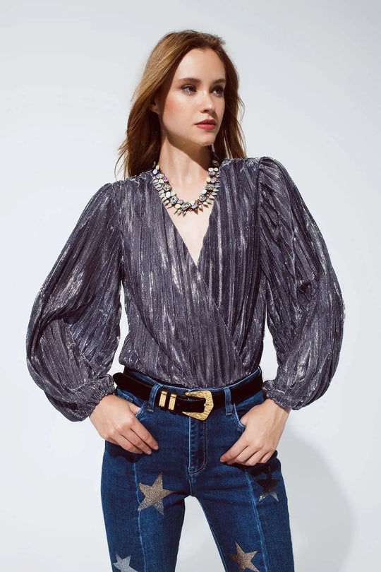 Shiny Glitter Body with Deep V-Neck in Silver - Tops