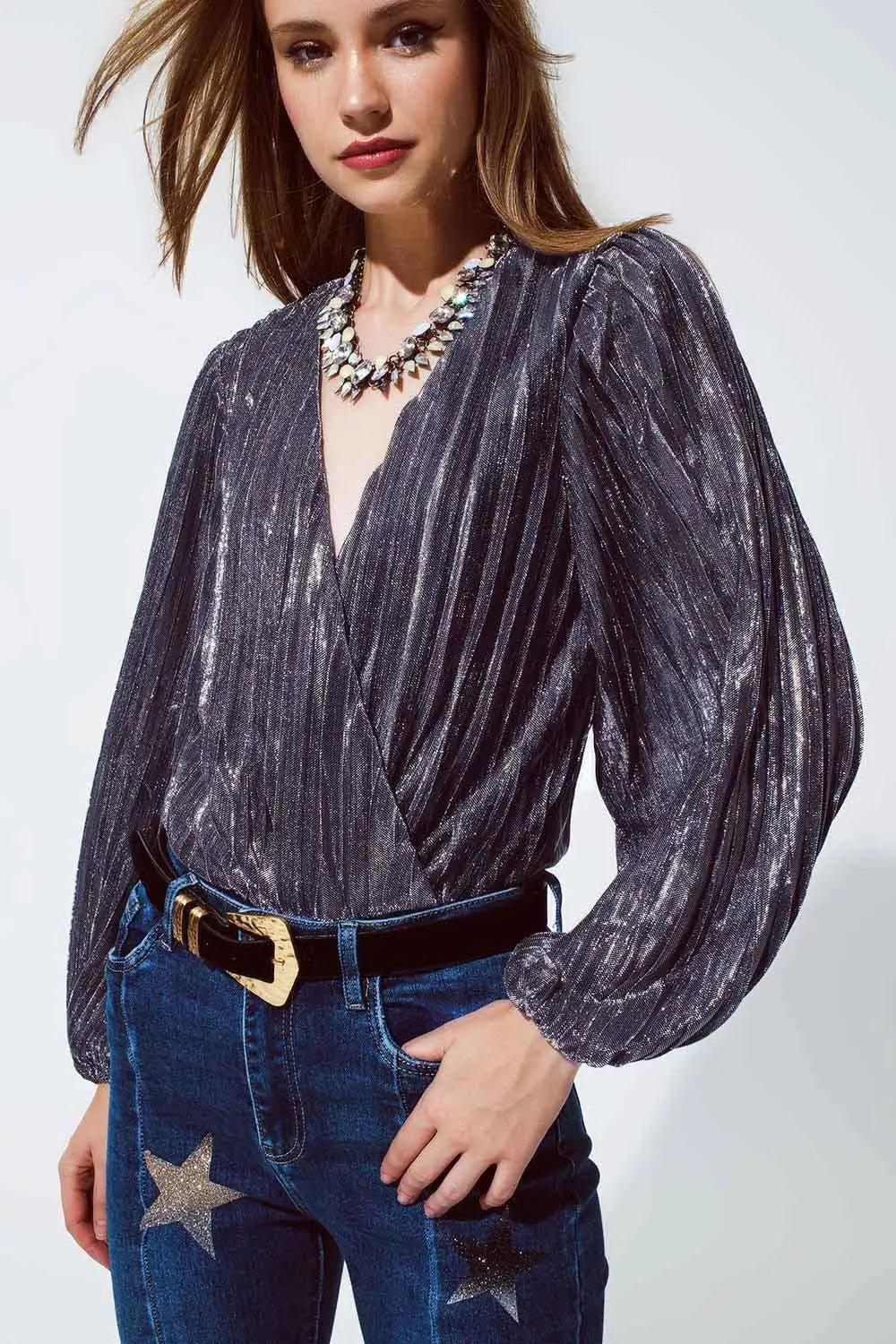 Shiny Glitter Body with Deep V-Neck in Silver - Tops