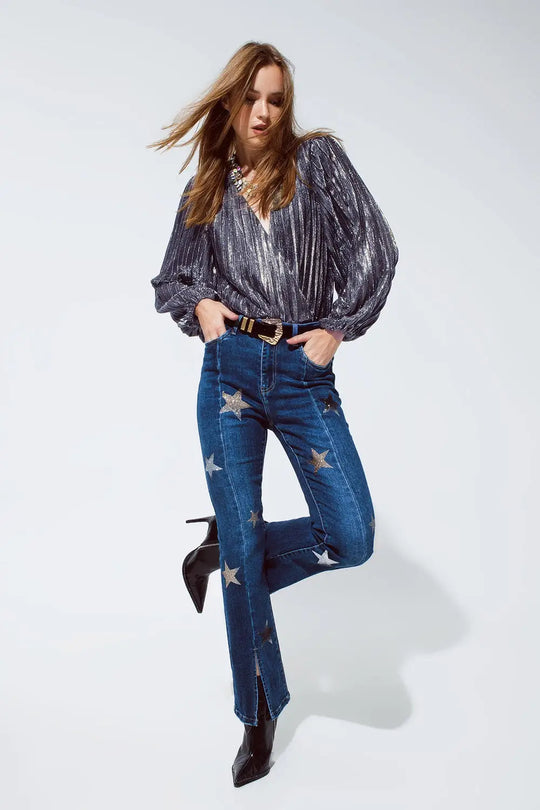 Shiny Glitter Body with Deep V-Neck in Silver - Tops