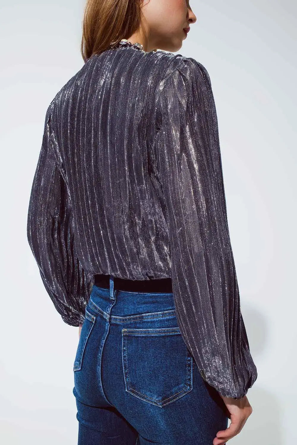 Shiny Glitter Body with Deep V-Neck in Silver - Tops