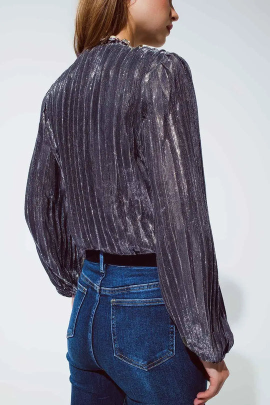 Shiny Glitter Body with Deep V-Neck in Silver - Tops
