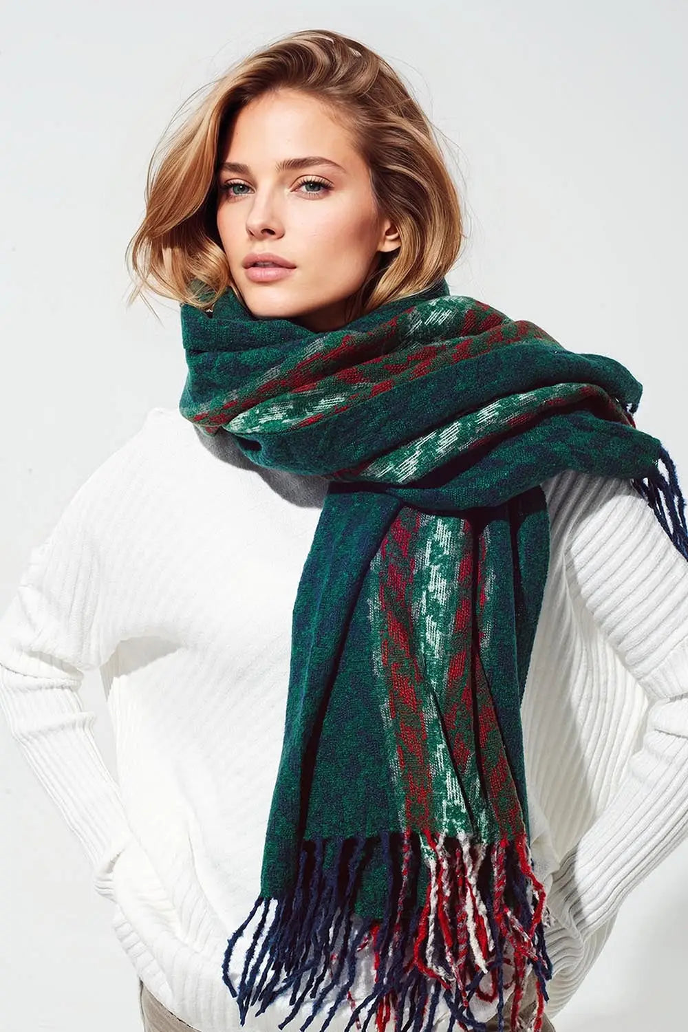 Houndstooth design Scarf in green and red - GREEN / ONE - Scarves